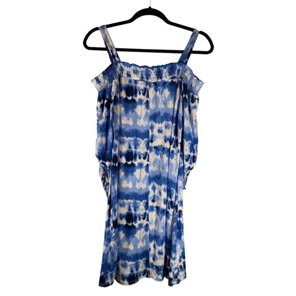 French Laundry Women Size Medium Blue Tie‎ Dye Mini Dress Cut Out Shoulder Tunic - Picture 2 of 9